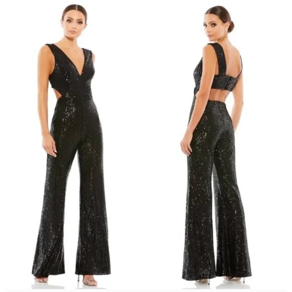Ieena for Mac Duggal‎ Jumpsuit 26691 Sequin Cut Out Wide Leg Black Size 4 - Picture 1 of 14